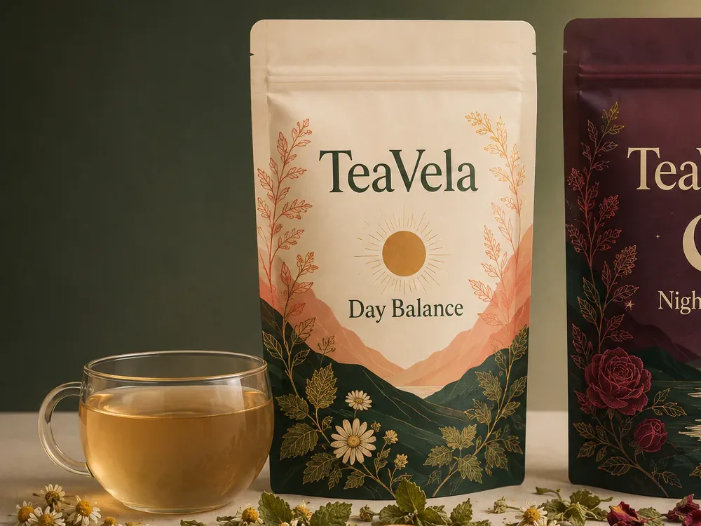 Pochette crème TeaVela Day Balance et sa tasse de thé vert doré