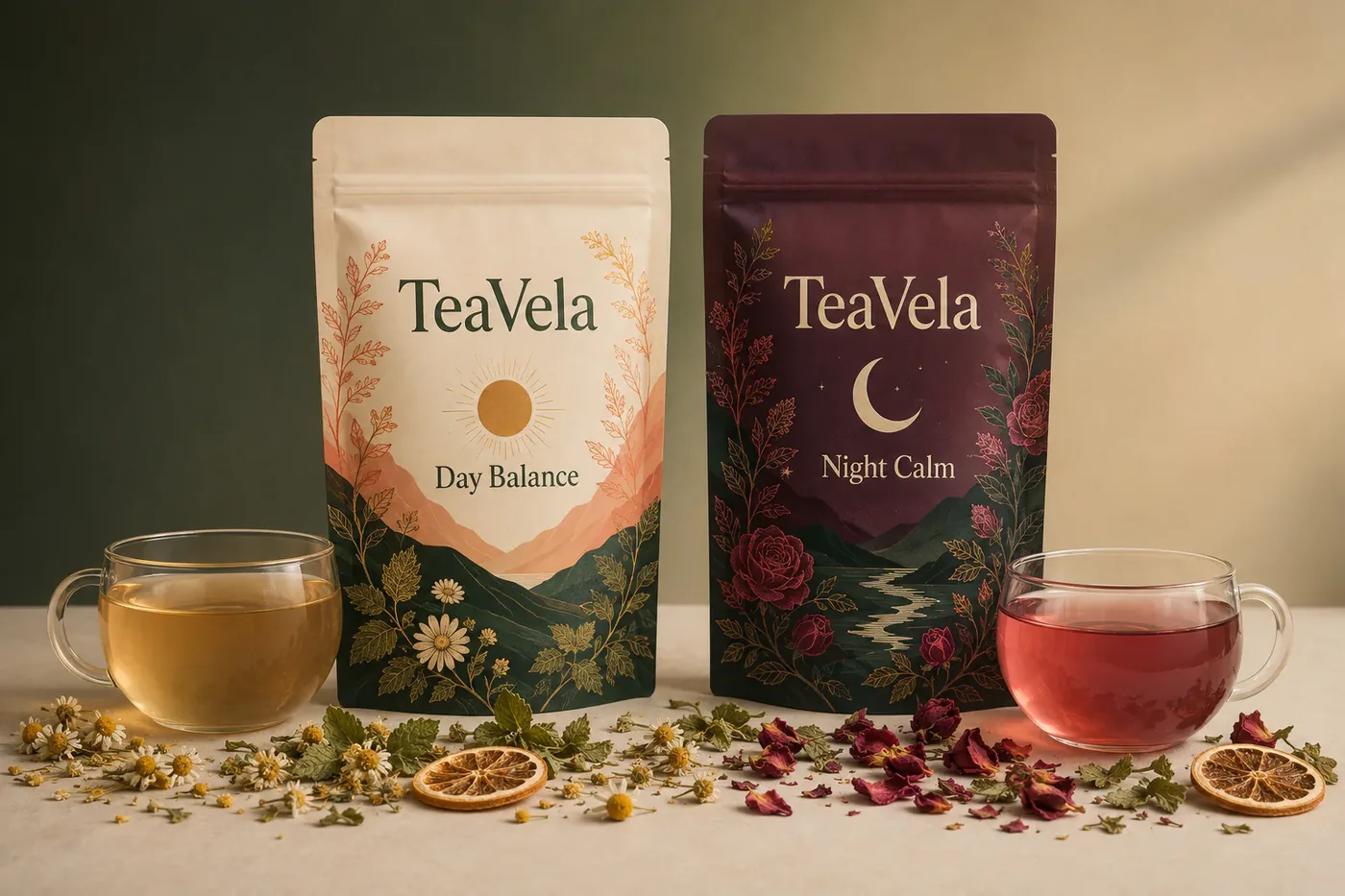 Les deux pochettes TeaVela, Day Balance en crème et Night Calm en bordeaux, avec une tasse de thé de chaque côté