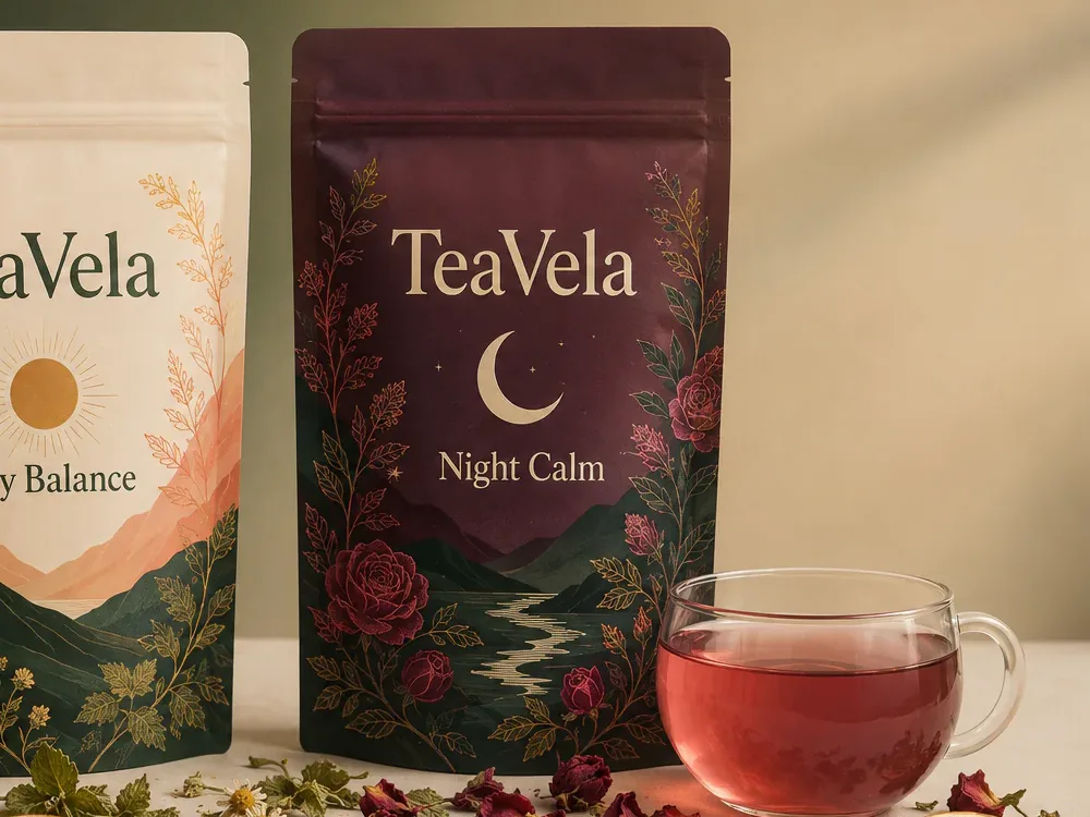 Pochette bordeaux TeaVela Night Calm et sa tasse d'infusion rosée