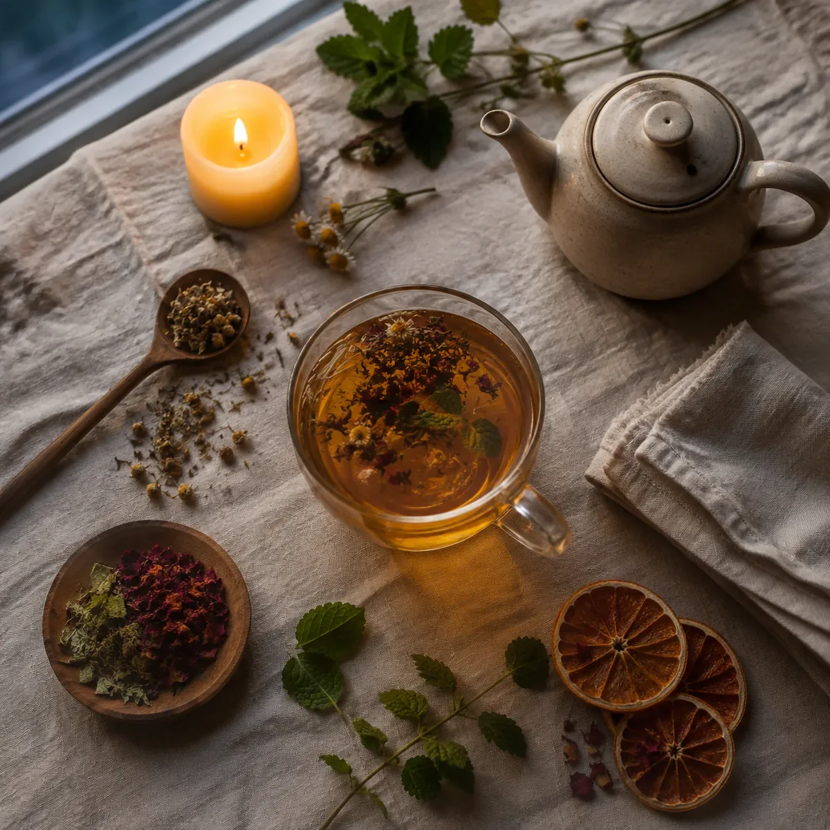 Table de service avec théière en grès, bougie allumée, tasse d'infusion et plantes séchées