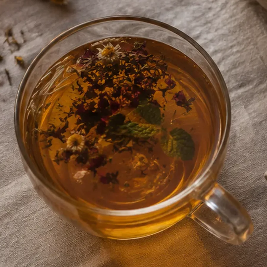 Tasse en verre d'infusion TeaVela avec des fleurs de camomille et des feuilles de menthe en surface